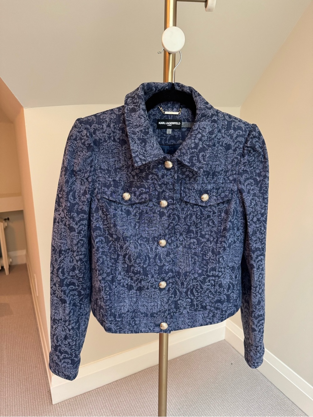 Karl Lagerfeld Navy Floral Jacquard Pearl-Button Jacket